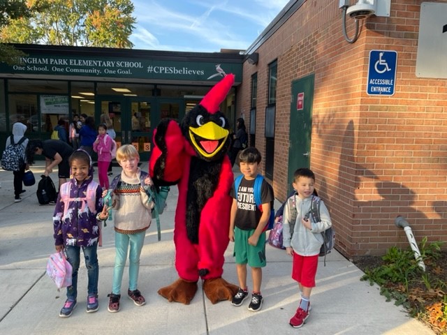 Students with Casey the Cardinal